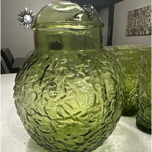 Vintage Anchor Hocking Lido Milano Avocado Green Glass Pitcher